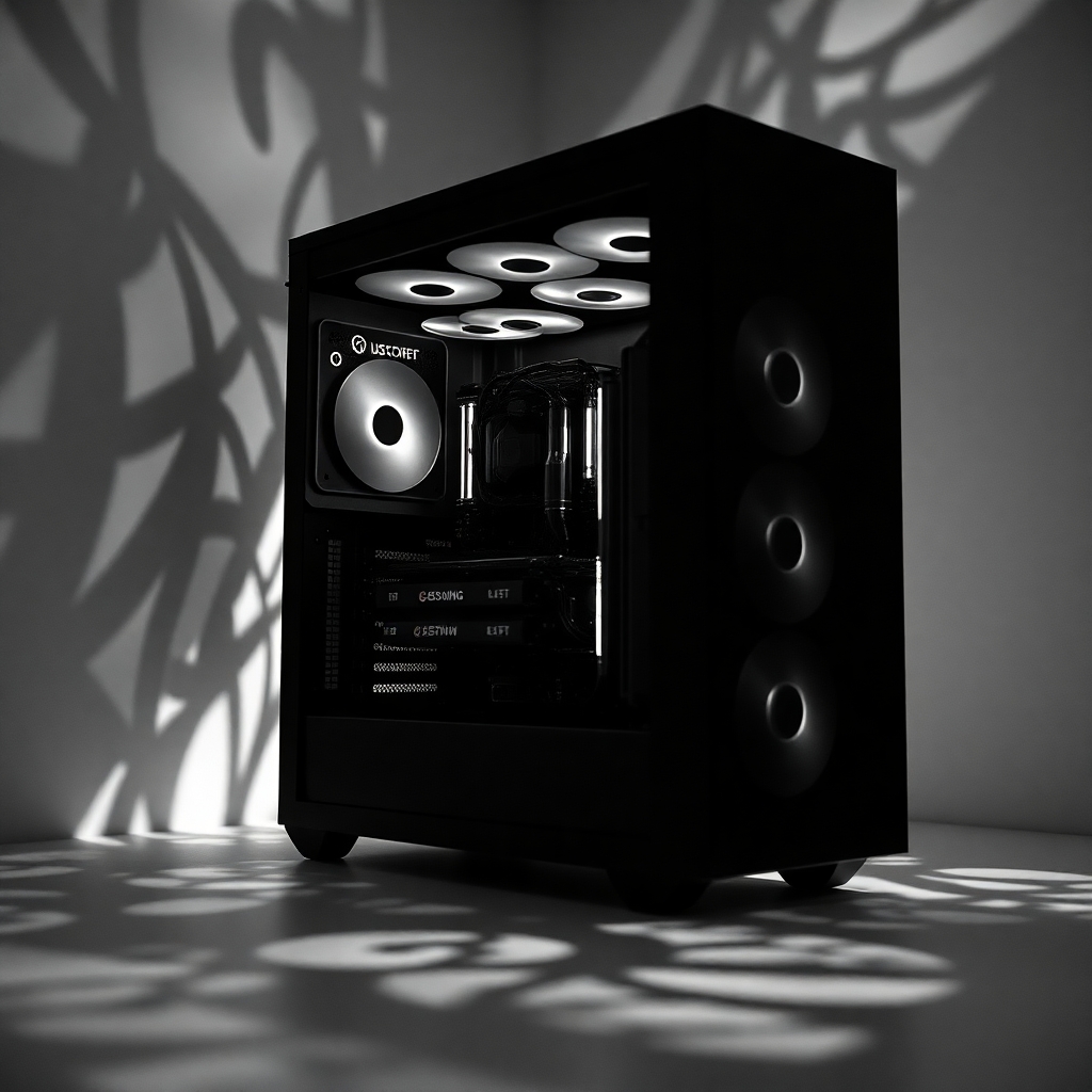 Classic black and white photograph of a PC gaming case artistic lighting highlighting abstract patterns timeless and elegant aesthetic