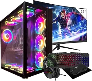 Gaming PC Bundle - Ryzen 7 5700, 32GB RAM, RTX 3060 12GB, 2TB M.2 SSD, Glass Side RGB Case, 650W PSU, Windows 11 Pro, 27" Monitor, Gaming Keyboard & Mouse BLACK 10 FAN